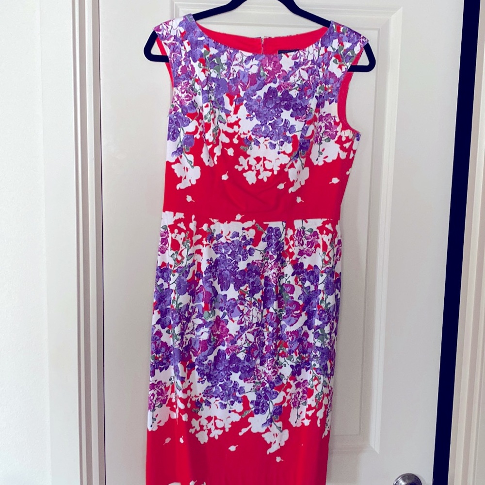 Adriana Papell red and purple flower fitted dress.